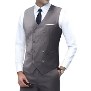 Heren slim fit dubbelrijige kostuum vest met wit overhemd en zwarte das zakelijke stijl