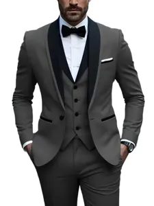Men's slim fit three-piece suit set with shawl lapel vest trousers for business wedding.