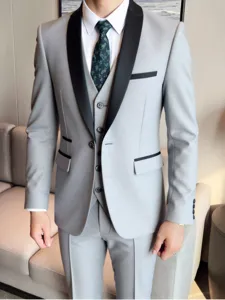 Detailed view of the stylish grey three-piece suit with black shawl lapel for modern men's wear.
