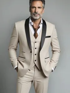 Detailed view of the elegant beige three-piece men's suit featuring black shawl lapels.