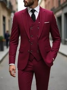 Heren bourgondisch 3 delig pak slim fit zakelijk huwelijk smoking jas vest broek outfit
