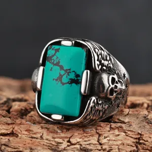 Vintage Punk Men Stainless Steel Ring Square Turquoise Inlay Skull Wing Carved Gothic Antique Biker Finger Ring Jewelry
