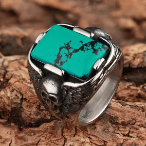 Vintage titanium steel ring for men with square turquoise skull and wings punk biker jewelry