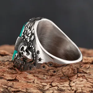 Retro vintage titanium steel ring for men with turquoise skull and wings punk jewelry main view