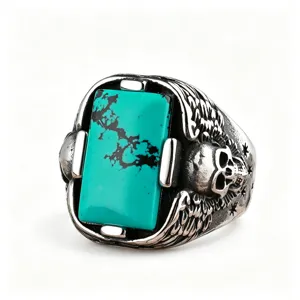 Vintage Men Punk Stainless Steel Ring Square Turquoise Inlaid Skull Wing Biker Jewelry