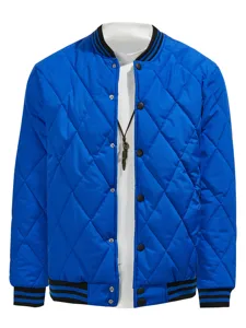 Men's quilted puffer jacket winter warm casual stylish blue baseball coat detail view
