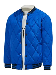 Blue quilted detail men jacket with snap buttons, ribbed collar and inner layer display.