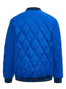 Back view of blue quilted men winter jacket, warm casual baseball bomber coat with striped cuffs.