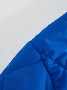 Detailed view of men's winter quilted jacket in vibrant blue color with fine stitching texture.