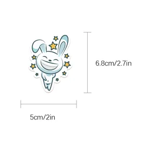 Detail view of cartoon funny rabbit sticker with star decorations and size dimensions.