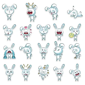 Close-up details of funny cartoon rabbit stickers showing various expressions for decoration.