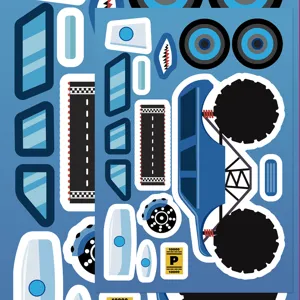 Details of cartoon monster truck DIY sticker sheet set with colorful vehicle parts and wheels.