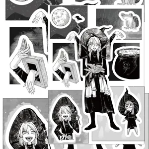 Detailed view of black and white anime witch stickers, perfect for journal and phone cases.