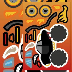 Close-up details of cartoon monster truck DIY sticker sheet showing parts and vehicle elements.