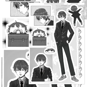 Black and white anime stickers set, minimalist character vinyl decals for phone case and luggage.