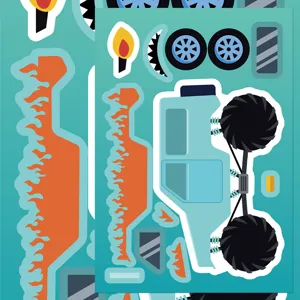 Close-up detail of cartoon monster truck DIY sticker sheet with cool off-road vehicle designs.