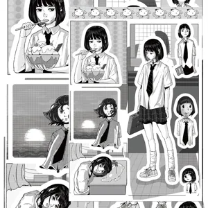Close-up detail of black and white anime girl stickers set showing various cute daily poses.