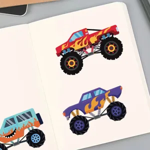 Cartoon monster truck DIY stickers detail shot, colorful vehicle decals for kids notebooks.
