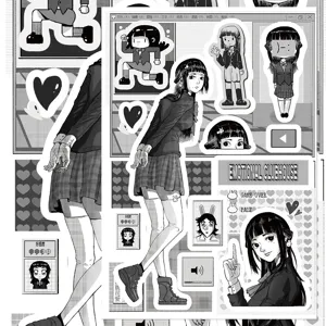 B&W anime character stickers set, cool aesthetic decorative decals for phone case journal.