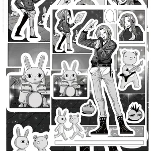 Black and white anime comic style sticker detail featuring cute characters, rabbits and bears.