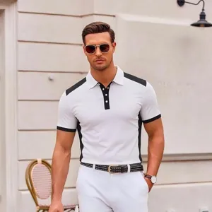 Men's short sleeve color block polo shirt detail showing slim fit and classic collar style.