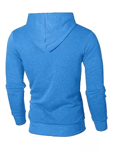 Sweat à capuche décontracté bleu pour homme couleur unie haut basique quotidien vêtement.
