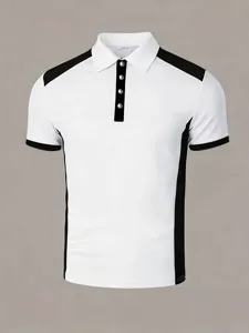 Detail view of men's short sleeve color block polo shirt with slim fit and classic collar.