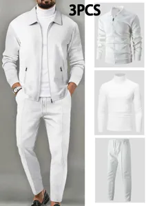 Detailed view of white mens 3 piece waffle knit zip jacket turtleneck and pants set outfit.
