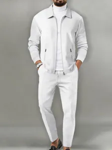 Detailed shot of the men white waffle knit zip up jacket and pants clothing set.