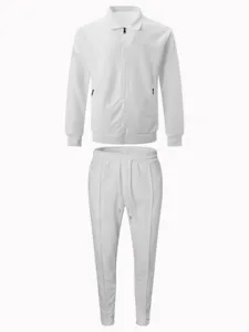 Men's white waffle knit tracksuit set featuring a full zip jacket and matching pants.