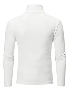 Solid white turtleneck long sleeve top, minimalist design, premium basic apparel detail.