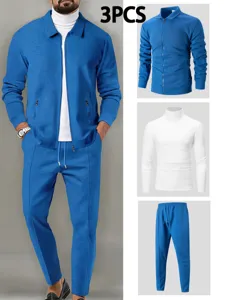Men 3-piece waffle knit jacket zip pocket set with turtleneck shirt and pants for men autumn.