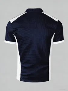 Back detail view of men short sleeve color block polo shirt slim fit casual design.