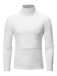 Men's solid white long sleeve turtleneck t-shirt slim fit casual thermal base layer top