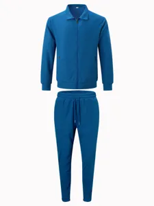 Men's waffle knit tracksuit set featuring a zip-up jacket and matching casual pants in blue.