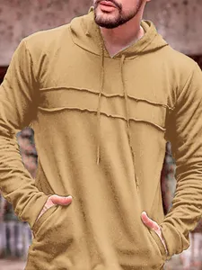 Sweat à capuche kaki pour homme avec détail sur la poitrine, sweat à manches longues décontracté.