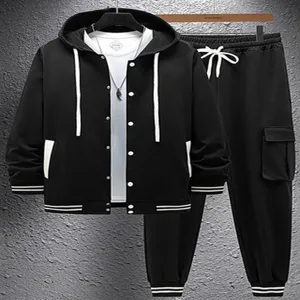 Men casual black hoodie and cargo pants track suit set long sleeve streetwear outfit.