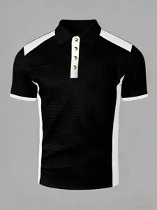 Men's short sleeve polo shirt color block slim fit casual black white summer top detail view