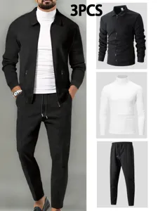 Men waffle zip jacket turtleneck t-shirt track pants 3-piece set autumn casual outfit