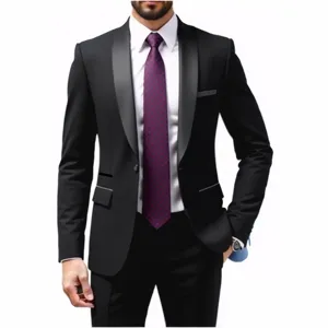 Men slim fit black tuxedo suit detail, shawl lapel wedding groom formal blazer and trousers.