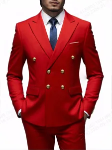 Men's red double-breasted suit jacket detail showing gold metal buttons and crisp collar.