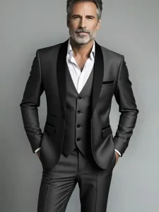 Detailed view showcasing the men's three-piece business suit with shawl lapel and vest.