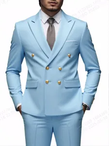 Close-up detail of the light blue men's double-breasted suit jacket with gold buttons.