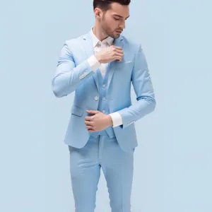 Heren lichtblauwe driedelige pak slim fit huwelijk zakelijke casual blazer vest broek
