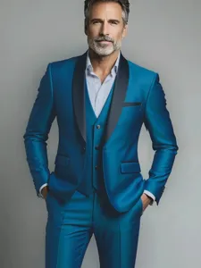 Men's teal three piece suit slim fit business wedding groom tuxedo blazer vest pants