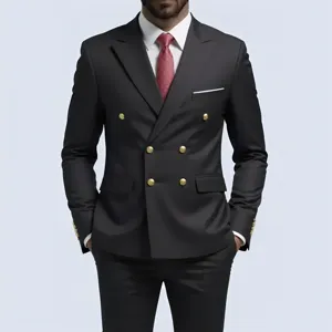 Men's double-breasted black suit jacket with gold buttons for business formal wear main view.