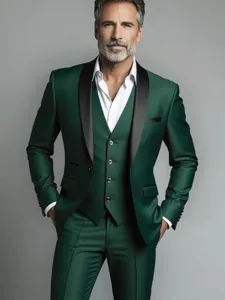 Men's dark green three-piece slim fit suit, elegant wedding groom tuxedo jacket and vest set