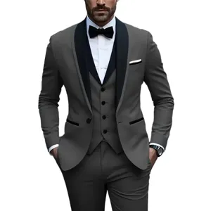 Men's slim fit three-piece suit in dark grey with black shawl lapel for business and wedding.