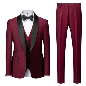 Men's burgundy 3-piece suit set with shawl lapel blazer vest and trousers for wedding business.