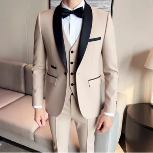 Men Shawl Collar Slim Fit Formal Suit Set With Jacket Vest And Pants Wedding Banquet Business Dress Suit Polyester Acetate Blend Tuxedo